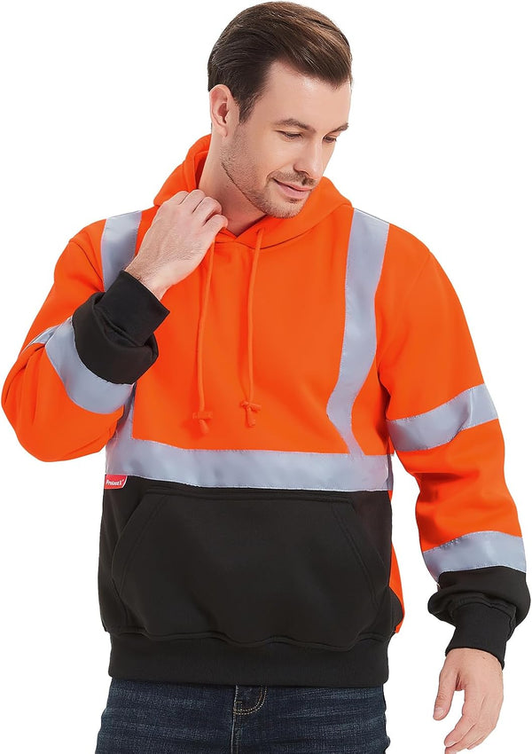 ProtectX Orange Pullover High Visibility Hoodie Safety Reflective Sweatshirt with Large Pockets Class 3