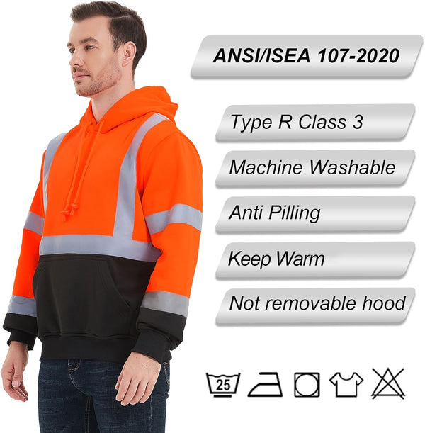 ProtectX Orange Pullover High Visibility Hoodie Safety Reflective Sweatshirt with Large Pockets Class 3