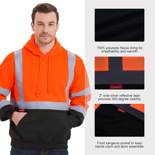 ProtectX Orange Pullover High Visibility Hoodie Safety Reflective Sweatshirt with Large Pockets Class 3