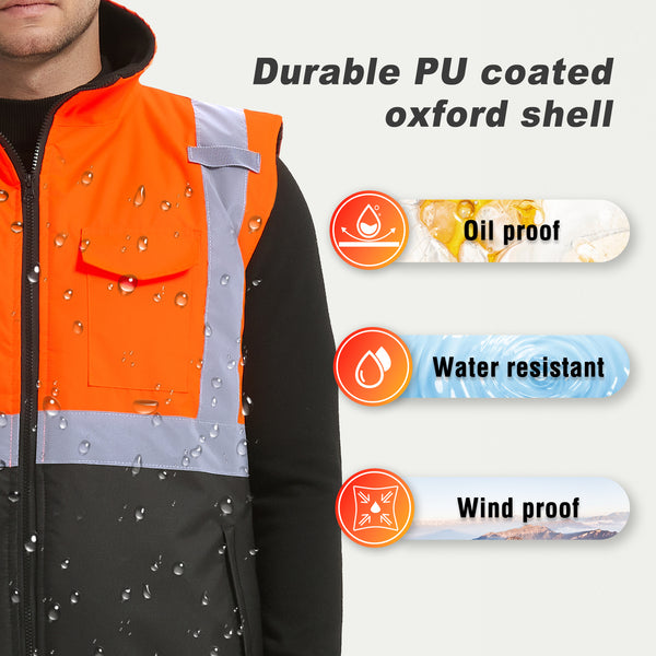 ProtectX Orange Winter Safety Vest Insulated High Visibility Construction Vest With Pockets