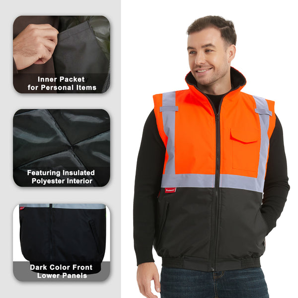 ProtectX Orange Winter Safety Vest Insulated High Visibility Construction Vest With Pockets