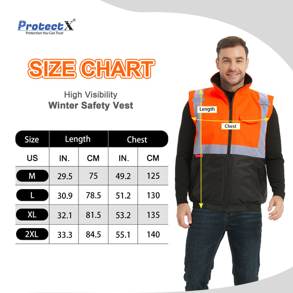 ProtectX Orange Winter Safety Vest Insulated High Visibility Construction Vest With Pockets