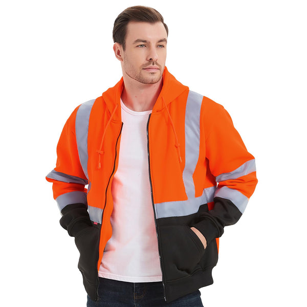 ProtectX Orange Zippered High Visibility Safety Reflective Sweatshirt with Large Pockets Class 3