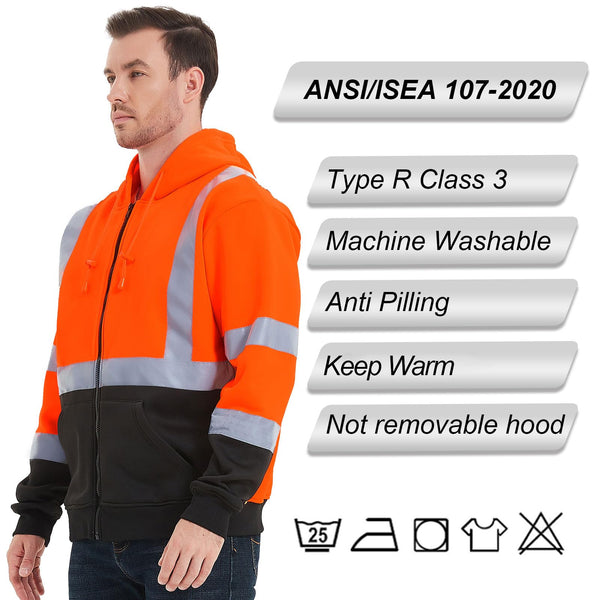 ProtectX Orange Zippered High Visibility Safety Reflective Sweatshirt with Large Pockets Class 3