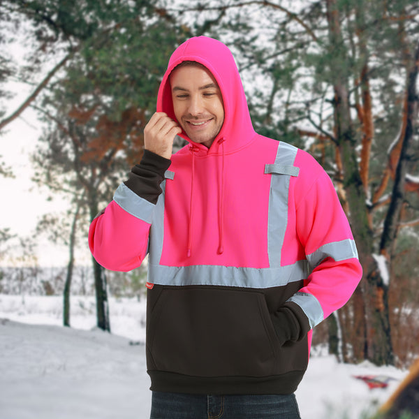 ProtectX Pink Pullover High Visibility Winter/Fall Hoodie Safety Reflective Sweatshirt For Men and Women with Large Pockets