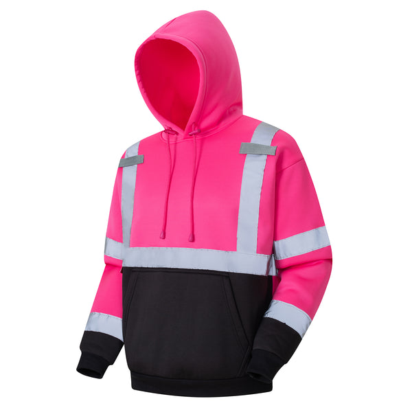 ProtectX Pink Pullover High Visibility Winter/Fall Hoodie Safety Reflective Sweatshirt For Men and Women with Large Pockets