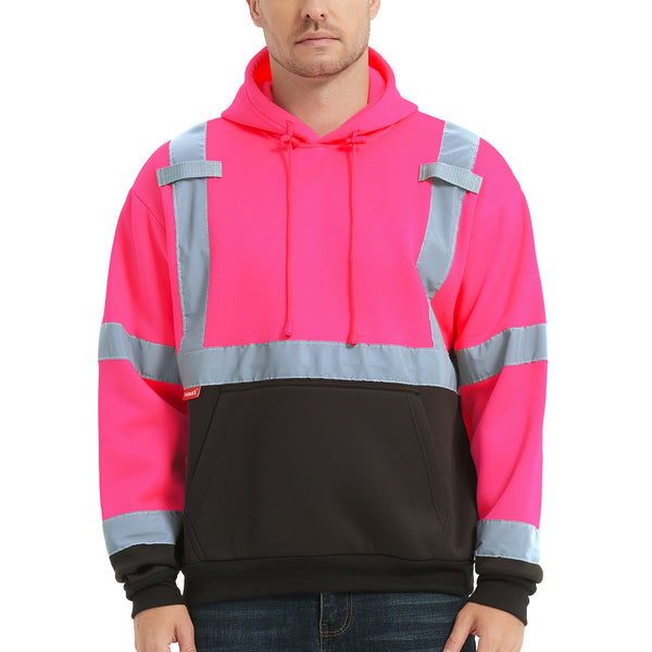 ProtectX Pink Pullover High Visibility Winter/Fall Hoodie Safety Reflective Sweatshirt For Men and Women with Large Pockets