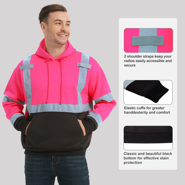 ProtectX Pink Pullover High Visibility Winter/Fall Hoodie Safety Reflective Sweatshirt For Men and Women with Large Pockets