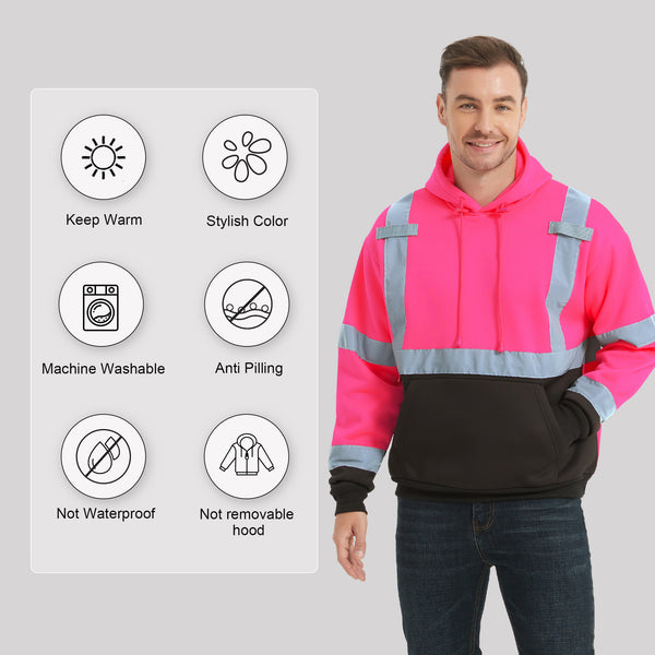 ProtectX Pink Pullover High Visibility Winter/Fall Hoodie Safety Reflective Sweatshirt For Men and Women with Large Pockets