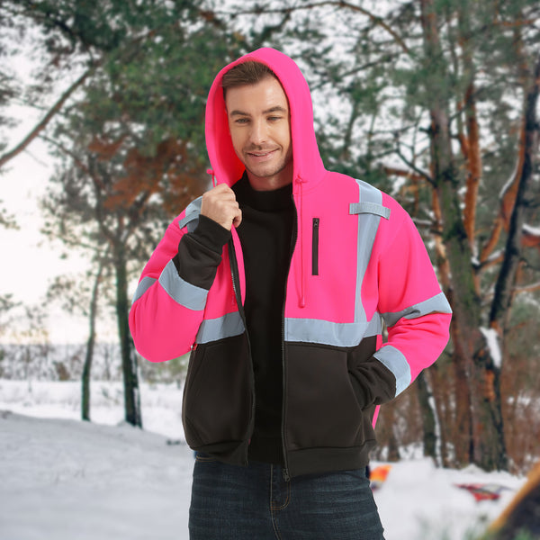 ProtectX Pink Zippered High Visibility Winter/Fall Hoodie Safety Reflective Sweatshirt For Men and Women with Large Pockets