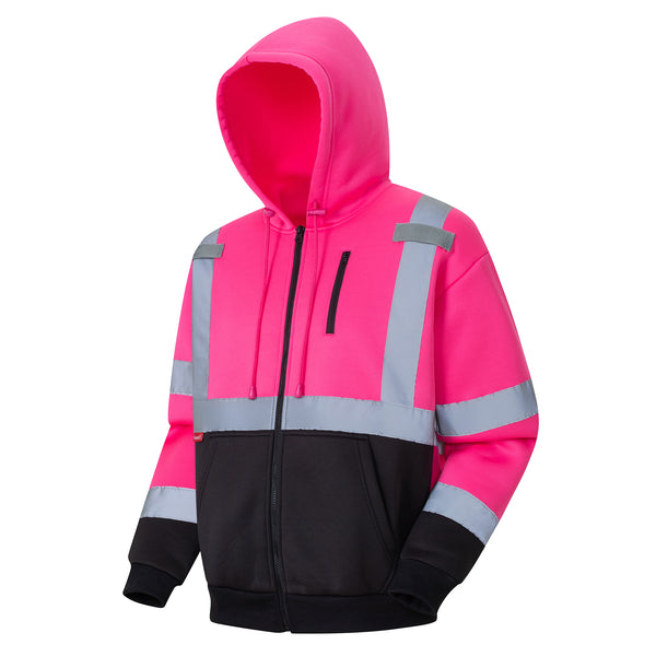 ProtectX Pink Zippered High Visibility Winter/Fall Hoodie Safety Reflective Sweatshirt For Men and Women with Large Pockets