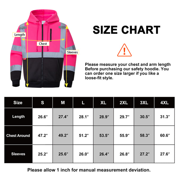 ProtectX Pink Zippered High Visibility Winter/Fall Hoodie Safety Reflective Sweatshirt For Men and Women with Large Pockets