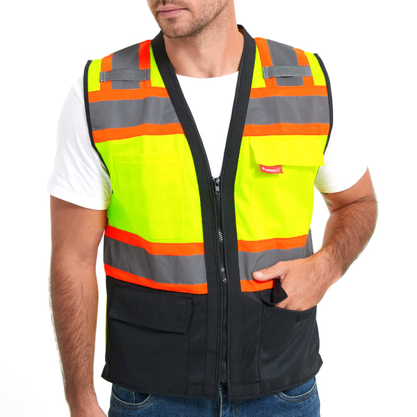 ProtectX Safety Vest Neon Green Class 2 Hi-Visibility Vest Solid Front Mesh Back with 6 Pockets ANSI/ISEA Certified