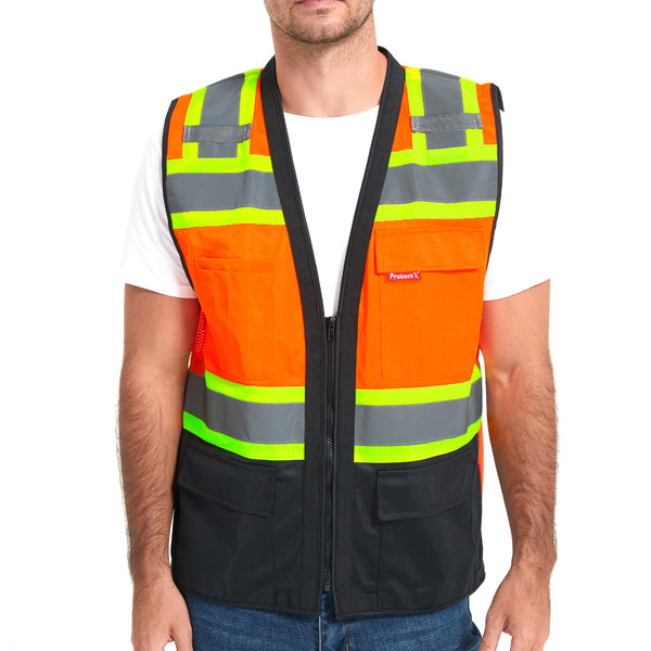 ProtectX Safety Vest Neon Orange Class 2 Hi-Visibility Vest All Solid Fabric with 6 Pockets, ANSI/ISEA Certified