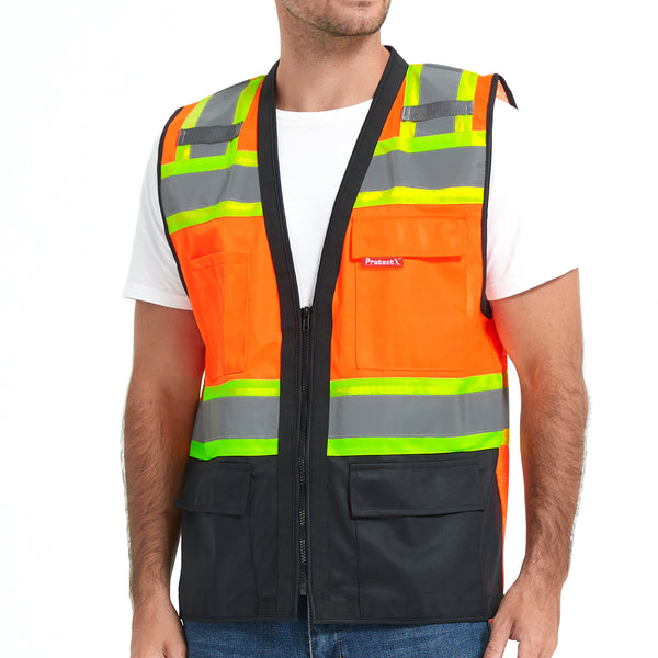 ProtectX Safety Vest Neon Orange Class 2 Hi-Visibility Vest Solid Front Mesh Back with 6 Pockets ANSI/ISEA Certified