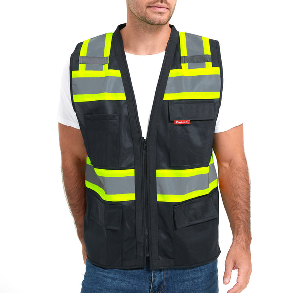 ProtectX Safety Vest Black Hi-Visibility Vest Solid Front Mesh Back with 6 Pockets