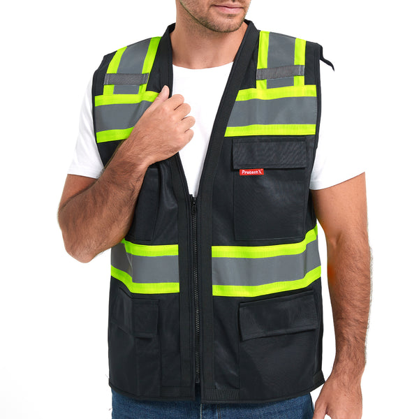 ProtectX Safety Vest Black Hi-Visibility Vest All Solid Fabric with 6 Pockets