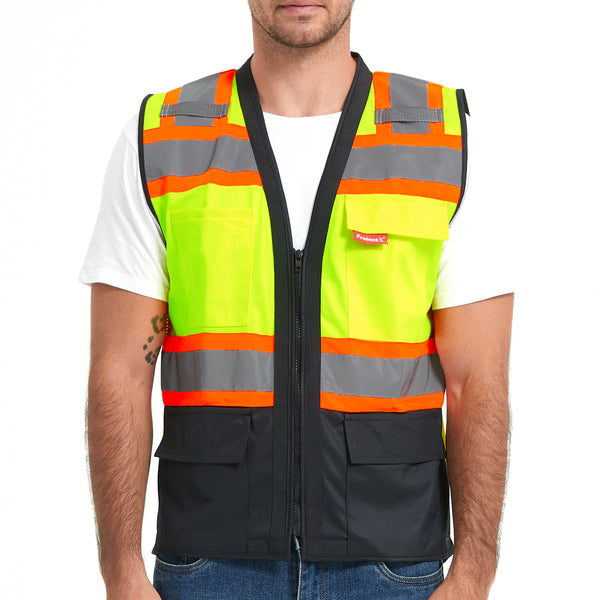 ProtectX Safety Vest Neon Green Class 2 Hi-Visibility Vest All Solid Fabric with 6 Pockets, ANSI/ISEA Certified