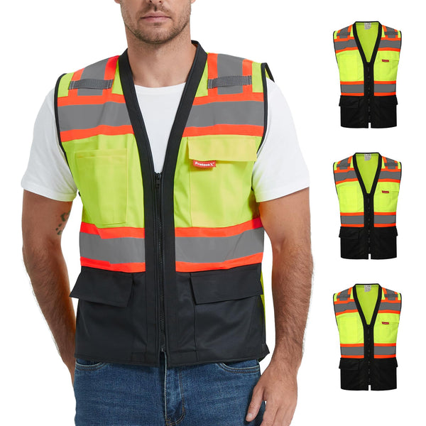 ProtectX Safety Vest Neon Green Class 2 Hi-Visibility Vest Solid Front Mesh Back with 6 Pockets ANSI/ISEA Certified