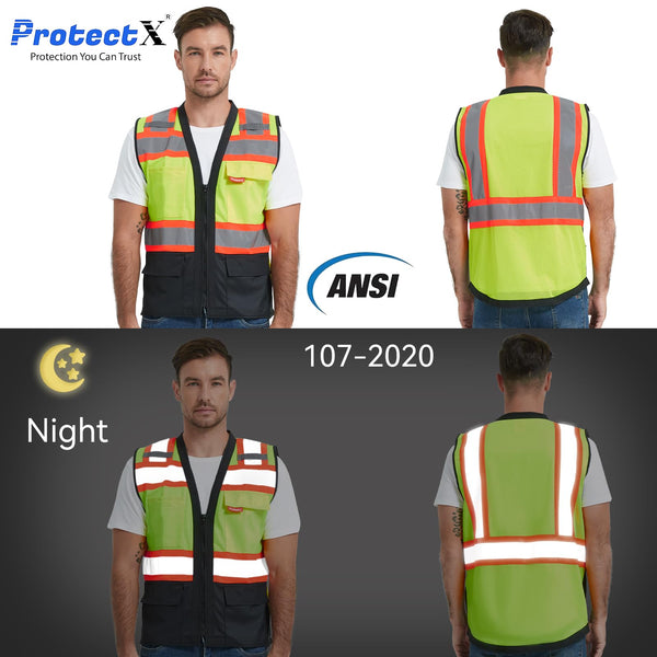 ProtectX Safety Vest Neon Green Class 2 Hi-Visibility Vest Solid Front Mesh Back with 6 Pockets ANSI/ISEA Certified