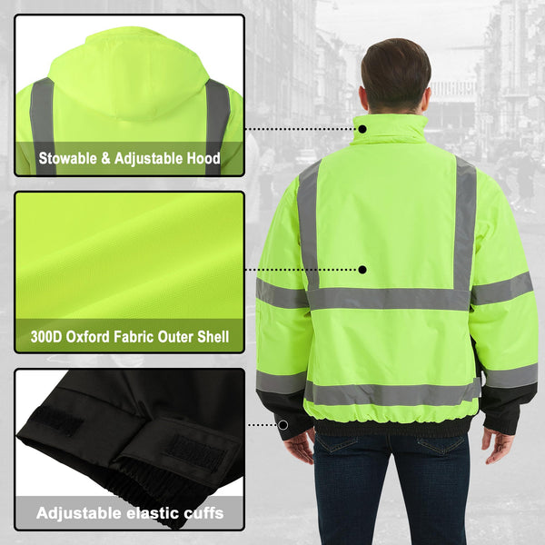 ProtectX Waterproof Class 3 Hi Vis Safety Winter Bomber Jacket for Men, High Visibility Reflective Jacket - Neon Green