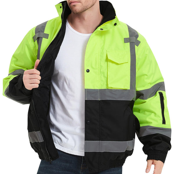 ProtectX Waterproof Class 3 Hi Vis Safety Winter Bomber Jacket for Men, High Visibility Reflective Jacket - Neon Green