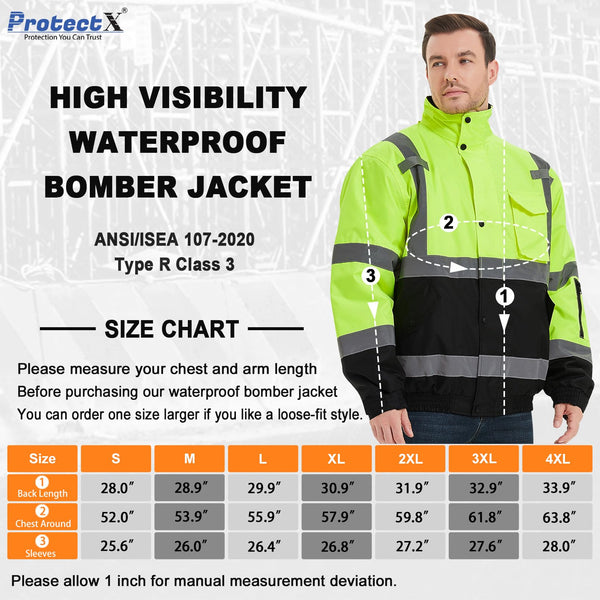 ProtectX Waterproof Class 3 Hi Vis Safety Winter Bomber Jacket for Men, High Visibility Reflective Jacket - Neon Green