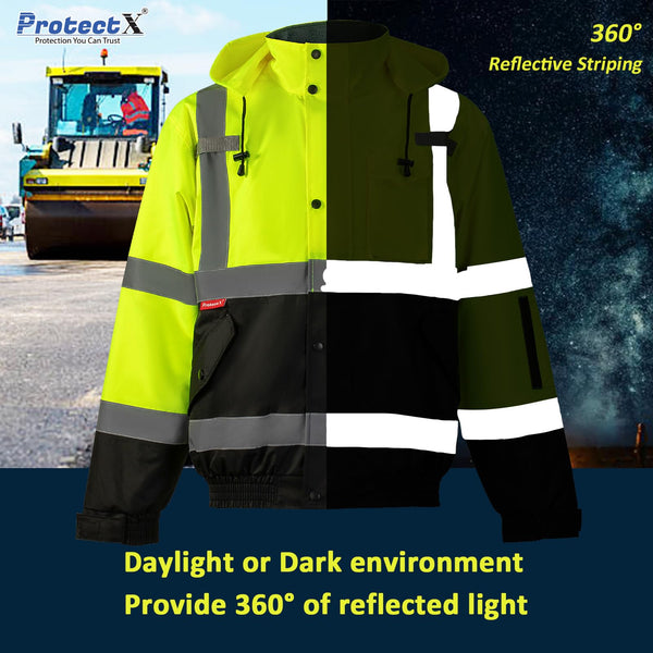 ProtectX Waterproof Class 3 Hi Vis Safety Winter Bomber Jacket for Men, High Visibility Reflective Jacket - Neon Green