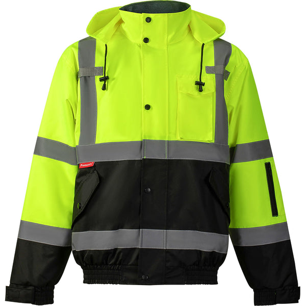 ProtectX Waterproof Class 3 Hi Vis Safety Winter Bomber Jacket for Men, High Visibility Reflective Jacket - Neon Green