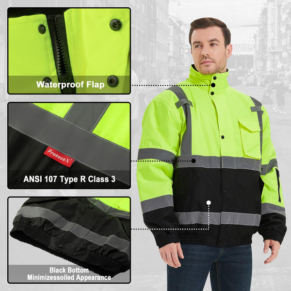 ProtectX Waterproof Class 3 Hi Vis Safety Winter Bomber Jacket for Men, High Visibility Reflective Jacket - Neon Green