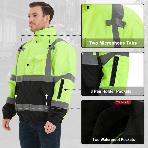 ProtectX Waterproof Class 3 Hi Vis Safety Winter Bomber Jacket for Men, High Visibility Reflective Jacket - Neon Green