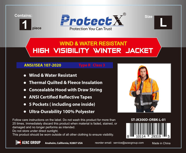 ProtectX Waterproof Class 3 Hi Vis Safety Winter Bomber Jacket for Men, High Visibility Reflective Jacket - Neon Orange