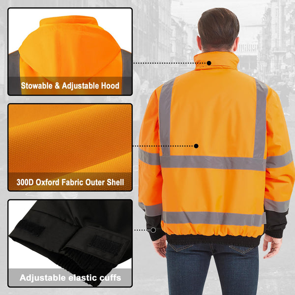 ProtectX Waterproof Class 3 Hi Vis Safety Winter Bomber Jacket for Men, High Visibility Reflective Jacket - Neon Orange