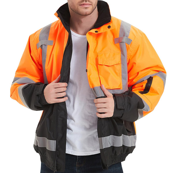 ProtectX Waterproof Class 3 Hi Vis Safety Winter Bomber Jacket for Men, High Visibility Reflective Jacket - Neon Orange