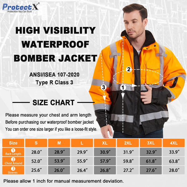 ProtectX Waterproof Class 3 Hi Vis Safety Winter Bomber Jacket for Men, High Visibility Reflective Jacket - Neon Orange