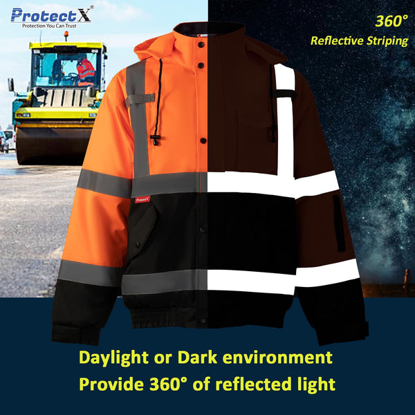 ProtectX Waterproof Class 3 Hi Vis Safety Winter Bomber Jacket for Men, High Visibility Reflective Jacket - Neon Orange