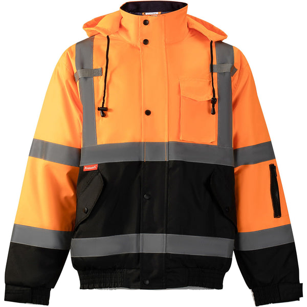 ProtectX Waterproof Class 3 Hi Vis Safety Winter Bomber Jacket for Men, High Visibility Reflective Jacket - Neon Orange