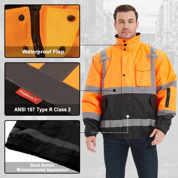 ProtectX Waterproof Class 3 Hi Vis Safety Winter Bomber Jacket for Men, High Visibility Reflective Jacket - Neon Orange