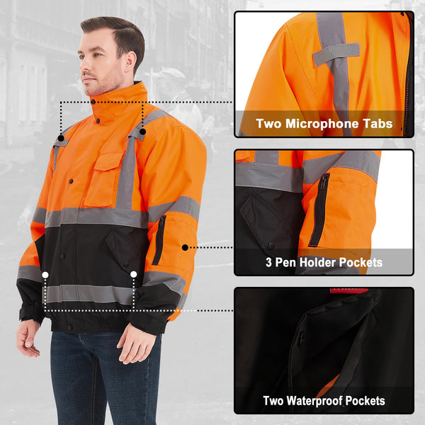 ProtectX Waterproof Class 3 Hi Vis Safety Winter Bomber Jacket for Men, High Visibility Reflective Jacket - Neon Orange