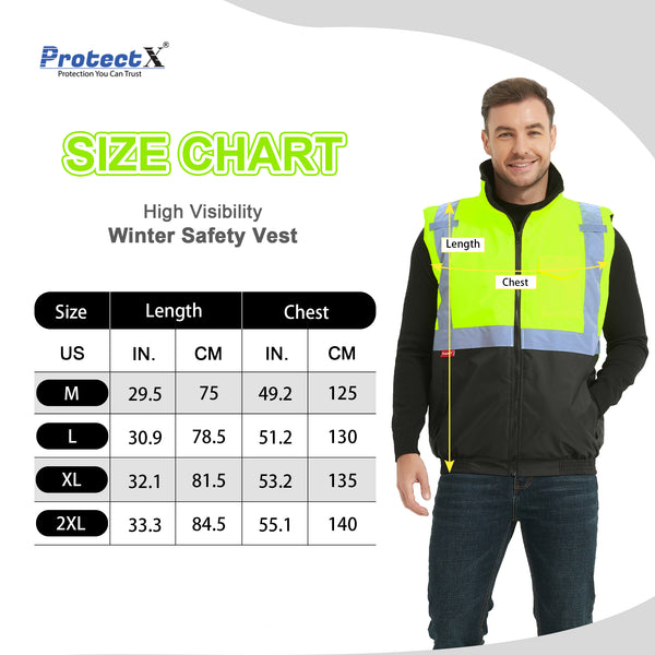 ProtectX Winter Safety Vest Insulated High Visibility Construction Vest With Pockets