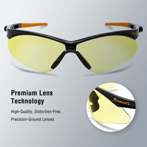 ProtectX Evergreen Orange Tip Amber 2 Pk Safety Glasses Anti-Fog Scratch Resistant Lenses ANSI Z87.1
