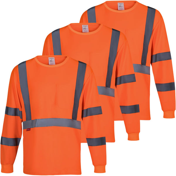 ProtectX 3 Pack High Elasticity Men's High Visibility Shirts Orange Reflective Safety T-Shirts for Construction, Type R Class 3