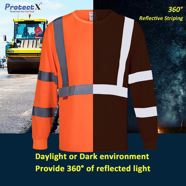 ProtectX 3 Pack High Elasticity Men's High Visibility Shirts Orange Reflective Safety T-Shirts for Construction, Type R Class 3