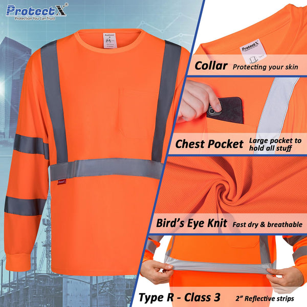 ProtectX 3 Pack High Elasticity Men's High Visibility Shirts Orange Reflective Safety T-Shirts for Construction, Type R Class 3
