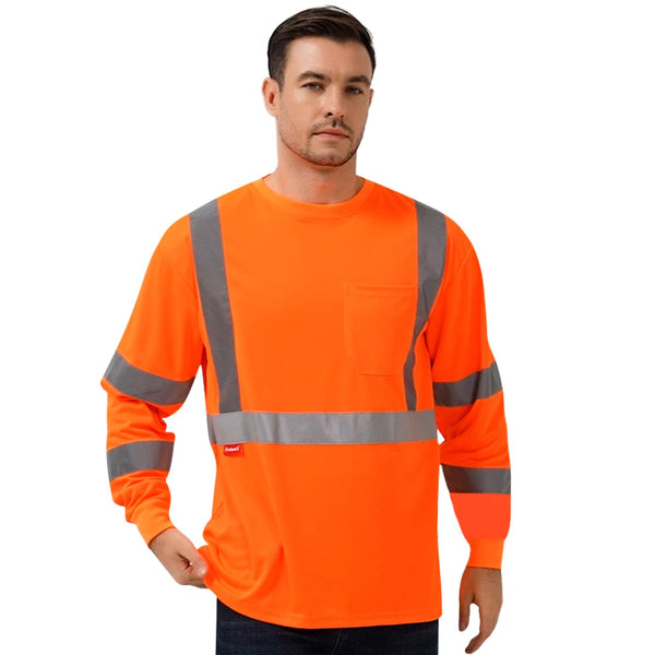 ProtectX 3 Pack High Elasticity Men's High Visibility Shirts Orange Reflective Safety T-Shirts for Construction, Type R Class 3