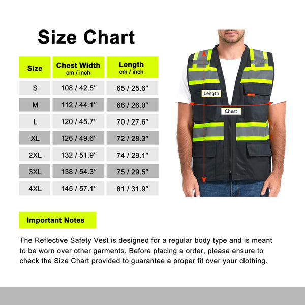 ProtectX Safety Vest Black Hi-Visibility Vest Solid Front Mesh Back with 6 Pockets