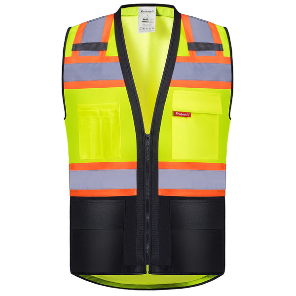 ProtectX Safety Vest ANSI Neon Green Class 2 Hi-Visibility Vest All Solid Fabric with 6 Pockets, ANSI/ISEA Certified