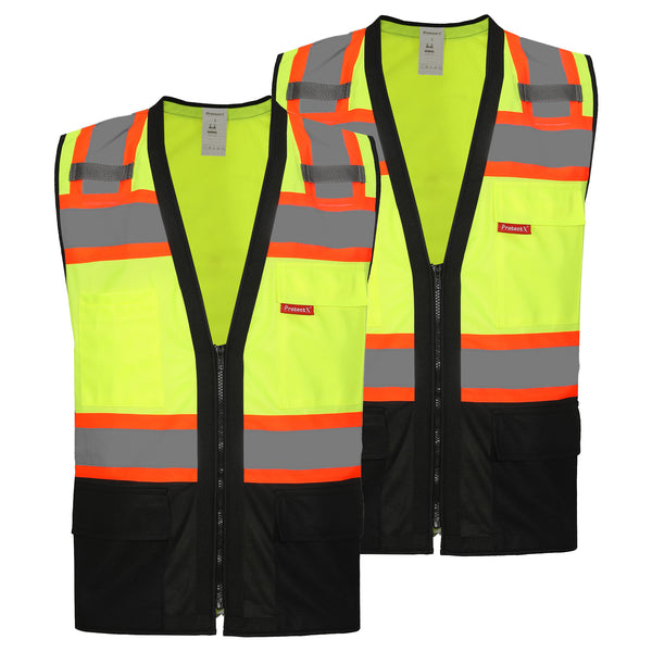 ProtectX Safety Vest ANSI Neon Green Class 2 Hi-Visibility Vest All Solid Fabric with 6 Pockets, ANSI/ISEA Certified