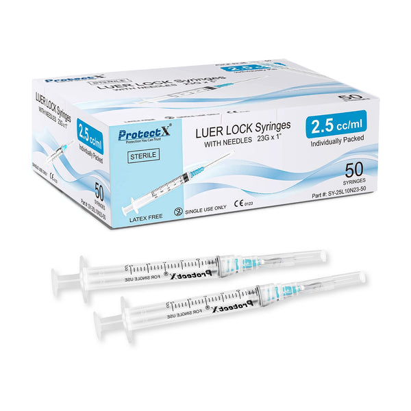 ProtectX Disposable Syringe 2.5ml Luer Lock Syringe Sterile with 23Ga 1” Needle Individually Sealed 50-Pack