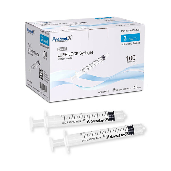 ProtectX Syringe 3ml Disposable Luer Lock Sterile (No Needle), Individually Sealed Single Use Syringe 100-Pack